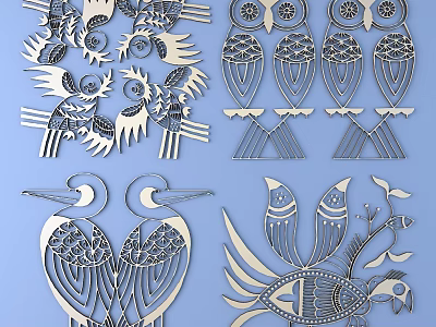 Artistic Carved Bird Motifs Featuring Owl Heron Designs And Symmetric Patterns 3d model