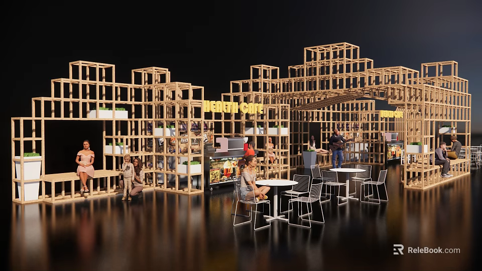 Wooden Frame Public Gathering Space With Tables Chairs And Plants 3d model 
