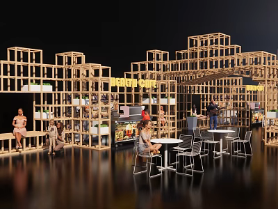 Wooden Frame Public Gathering Space With Tables Chairs And Plants 3d model