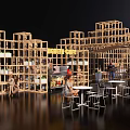 Wooden Frame Public Gathering Space With Tables Chairs And Plants