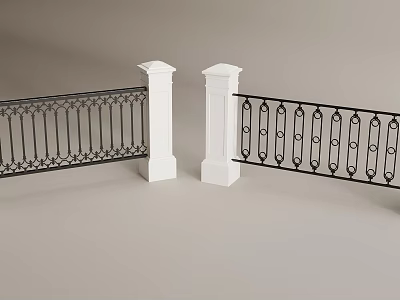 Black Ornate Wrought Iron Railings With White Support Posts And Decorative Patterns 3d model