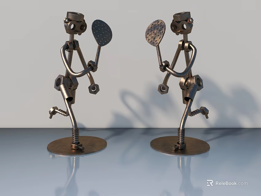Metal Human Shaped Figurines Holding Rackets In Sporty Pose With Circular Bases 3d model 