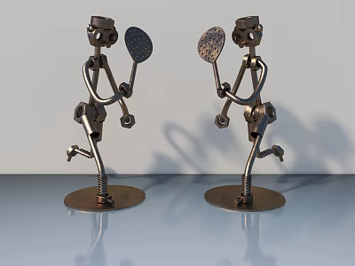 Metal Human Shaped Figurines Holding Rackets In Sporty Pose With Circular Bases 3d model