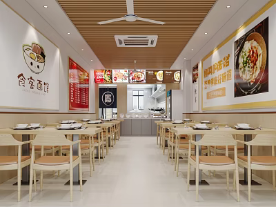 Cozy Restaurant Interior With Wooden Tables Chairs Food Posters On Walls And Ceiling Fan 3d model