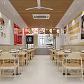 Cozy Restaurant Interior With Wooden Tables Chairs Food Posters On Walls And Ceiling Fan