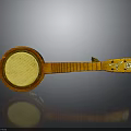 Wooden Banjo with Round Resonator Yellow Panel and Decorated Neck on Gray Background with Reflection