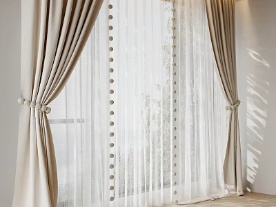 Beige Curtains With Sheer Panels And Polka Dot Details For Bright Window Interior 3d model