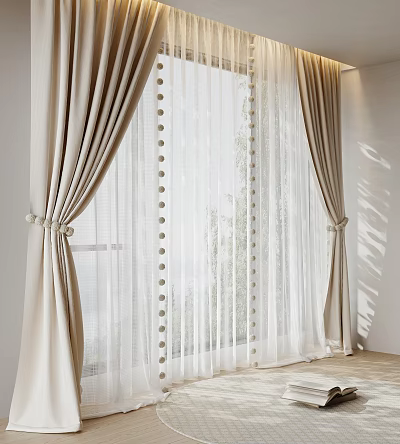 Beige Curtains With Sheer Panels And Polka Dot Details For Bright Window Interior 3d model