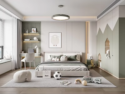 Cozy Kids Room Interior With Soft Green Wardrobe Bed Shelf Toys Rug And Decorative Painting 3d model