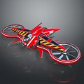 Red Futuristic Game Movie Character Vehicle With Large Wheels And Yellow Black Stripes