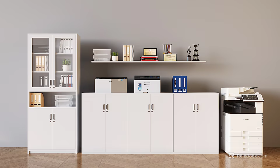 Office Appliances in Modern Office Space with White Cabinets Printer Bookshelf and Folders 3d model 