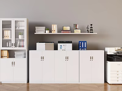 Office Appliances in Modern Office Space with White Cabinets Printer Bookshelf and Folders 3d model