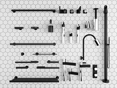 Stylish Bathroom Accessories Collection With Black Silver Towel Racks Shelves And Hooks On Hexagonal Tiles 3d model