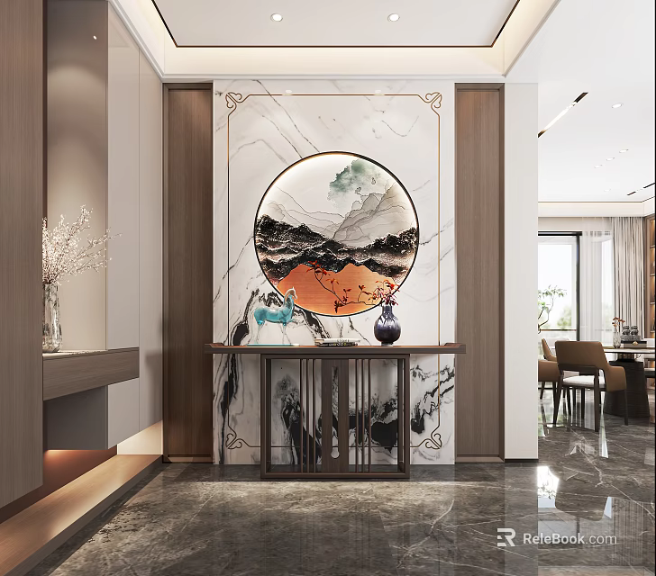 Elegant Foyer Hallway Design With Circular Landscape Painting Marble Countertop And Decorative Ornaments 3d model 