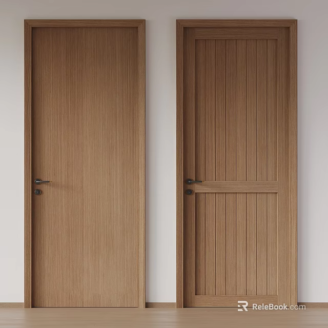 Modern Wooden Hinged Interior Doors With Flat Panel Vertical Slats And Metal Handles 3d model 
