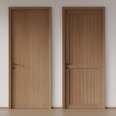 Modern Wooden Hinged Interior Doors With Flat Panel Vertical Slats And Metal Handles 3d model
