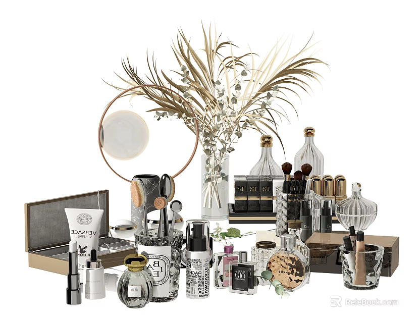 Elegant Perfume Cosmetics Collection With Various Bottles Makeup Brushes Mirror And Decorative Plants 3d model 