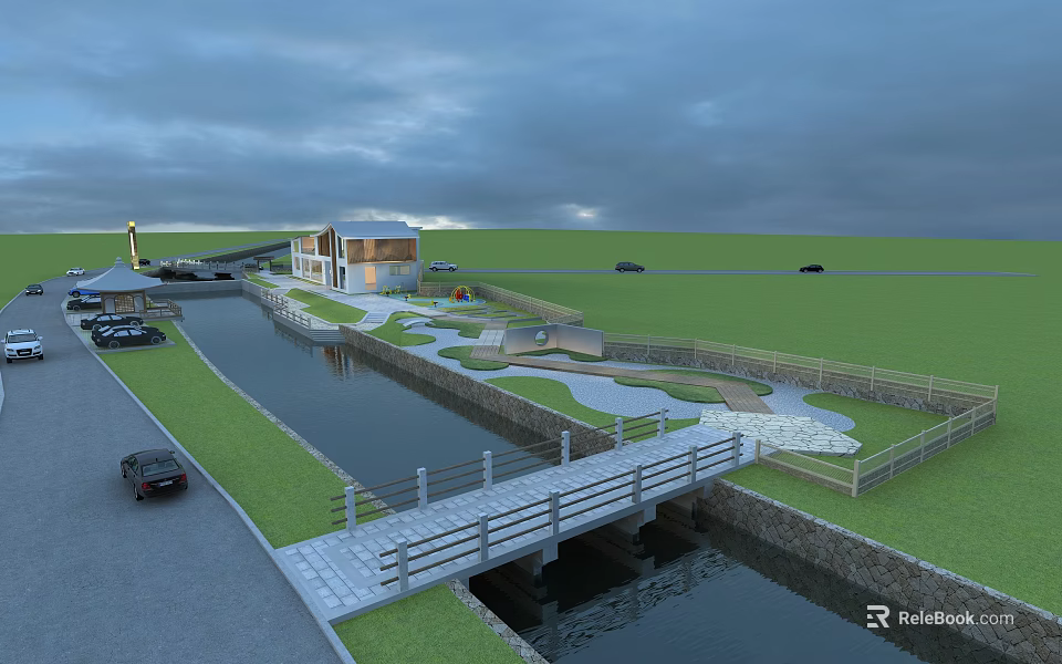 Landscape Bridge With Wooden Railing Over Small River Connecting Green Lawn And Paved Area 3d model 