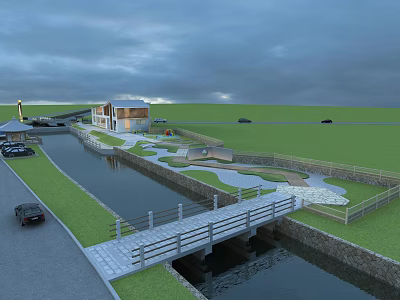 Landscape Bridge With Wooden Railing Over Small River Connecting Green Lawn And Paved Area 3d model