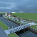 Landscape Bridge With Wooden Railing Over Small River Connecting Green Lawn And Paved Area