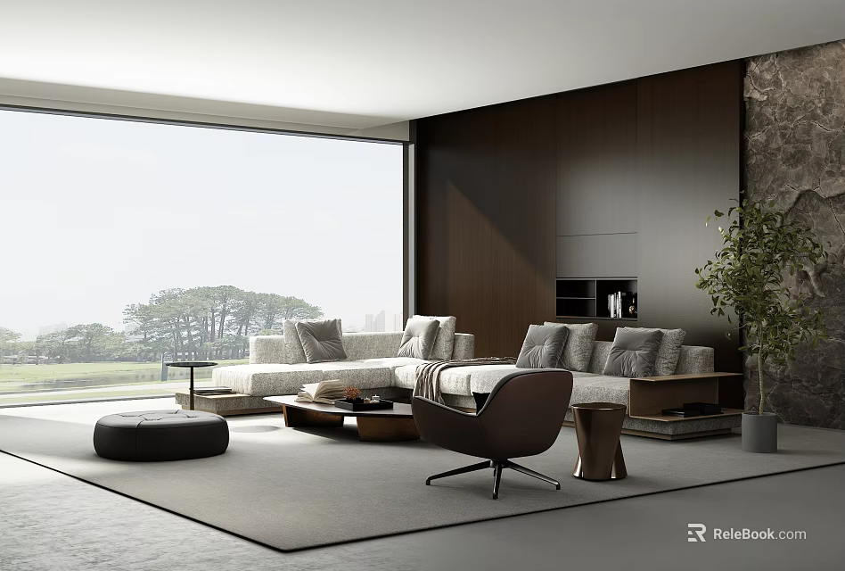 Modern Living Room With Large Window Gray Sofa Brown Armchair Wooden Wall And Green Plant 3d model 