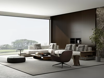 Modern Living Room With Large Window Gray Sofa Brown Armchair Wooden Wall And Green Plant 3d model