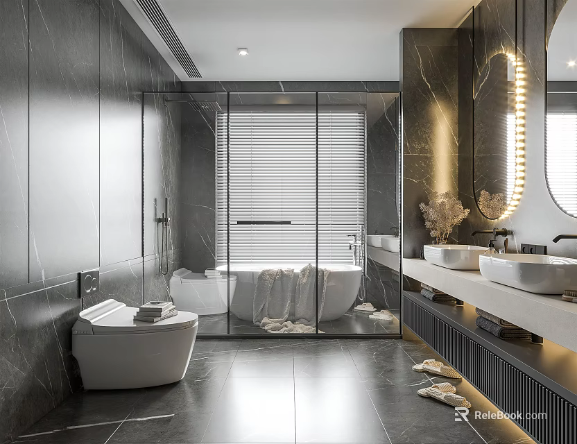 Modern Bathroom Interior Design With Marble Walls Bathtub Double Sinks And Glass Shower 3d model 