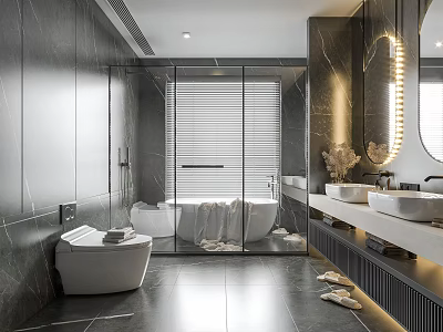 Modern Bathroom Interior Design With Marble Walls Bathtub Double Sinks And Glass Shower 3d model