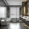 Modern Bathroom Interior Design With Marble Walls Bathtub Double Sinks And Glass Shower
