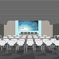 Modern Conference Room With Arranged Tables Chairs Large Screen And Wooden Walls