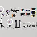 Essential Electronic Accessories And Photography Gear Including Ring Light Tripod Drone Headphones And Game Controller