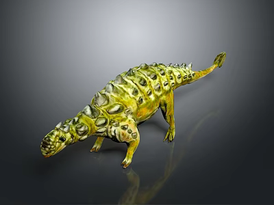 Realistic Green Yellow Dinosaur Model With Spiked Armored Skin On Gray Gradient Background With Reflection 3d model