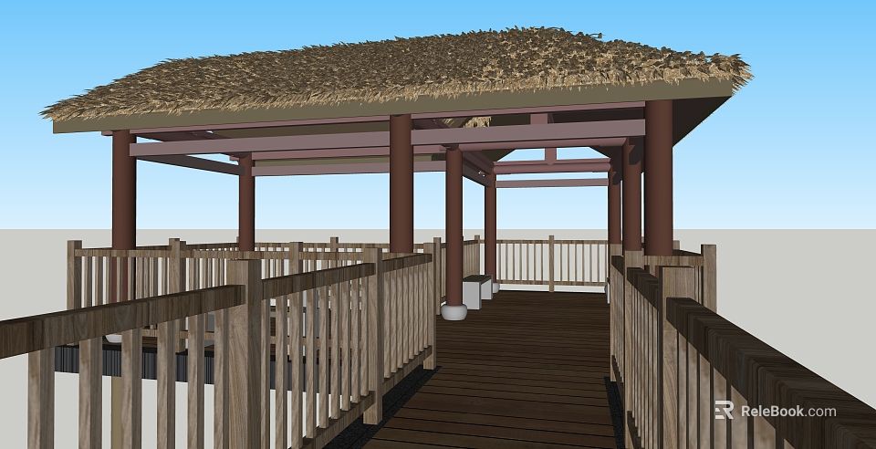 Wooden Pavilion With Thatch Roof Columns And Railings On Wooden Deck 3d model 