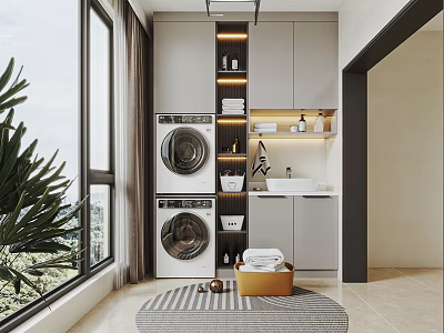 Modern Home Balcony Interior With Stacked Washer Dryer Green Plants And Storage Cabinets 3d model