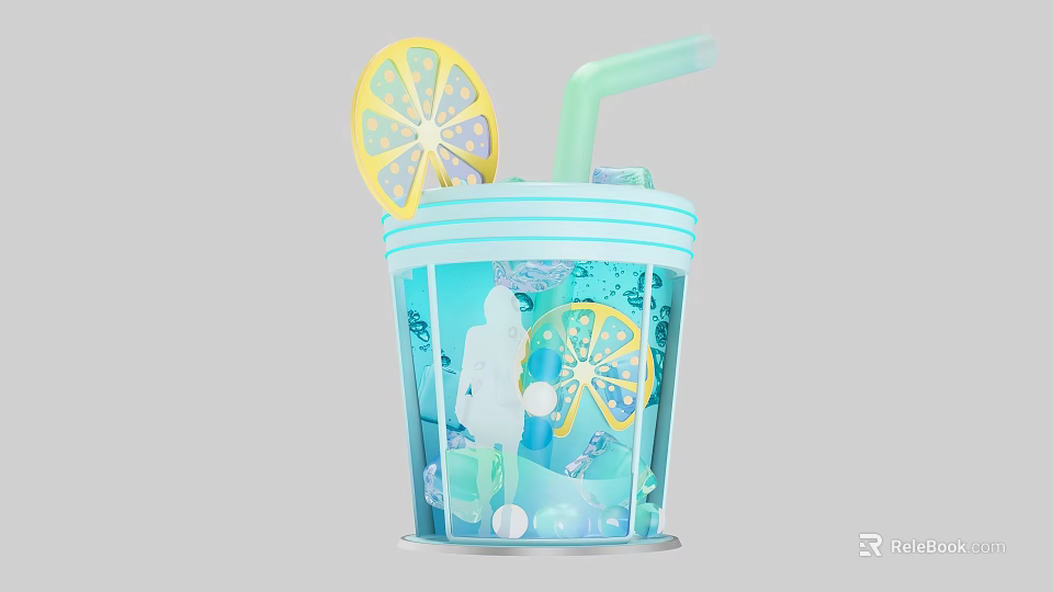Vibrant Photo Spot With Blue Cup Lemon Slice Straw Bubbles And Silhouette Figure 3d model 