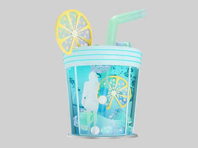 Vibrant Photo Spot With Blue Cup Lemon Slice Straw Bubbles And Silhouette Figure 3d model