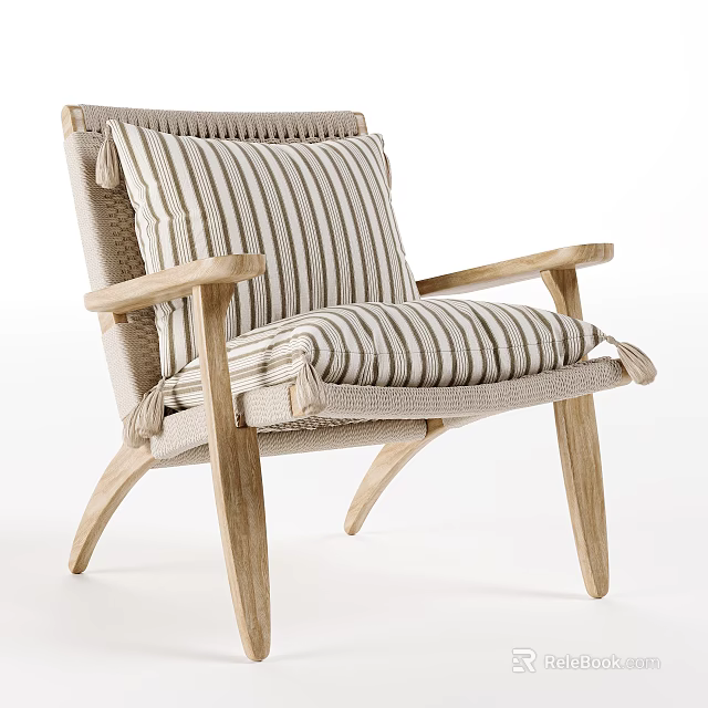 Stylish Natural Wooden Frame Lounge Chair With Striped Beige Fabric Cushions 3d model 