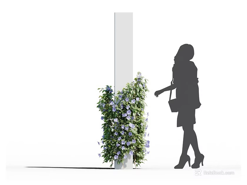 Lush Shrub with Blue Flowers Next to White Pillar and Woman Touching 3d model 