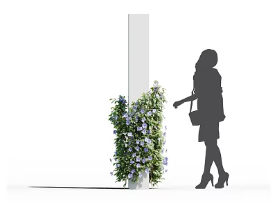 Lush Shrub with Blue Flowers Next to White Pillar and Woman Touching 3d model