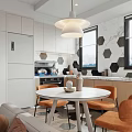 Modern Apartment Interior With Open Living Kitchen White Cabinets Round Table Orange Chairs Pendant Light