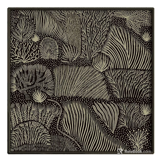 Black and White Hand Drawn Botanical Painting With Intricate Leaf Patterns 3d model