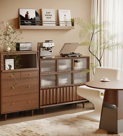 Wooden Sideboard With Drawers Cabinets Coffee Machine Plant And Chair In Living Space 3d model