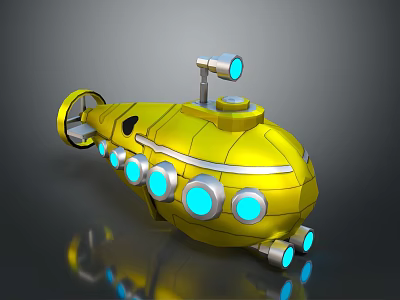 Yellow Cartoon Submarine 3D Model With Blue Circular Windows And Searchlight 3d model