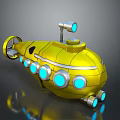 Yellow Cartoon Submarine 3D Model With Blue Circular Windows And Searchlight