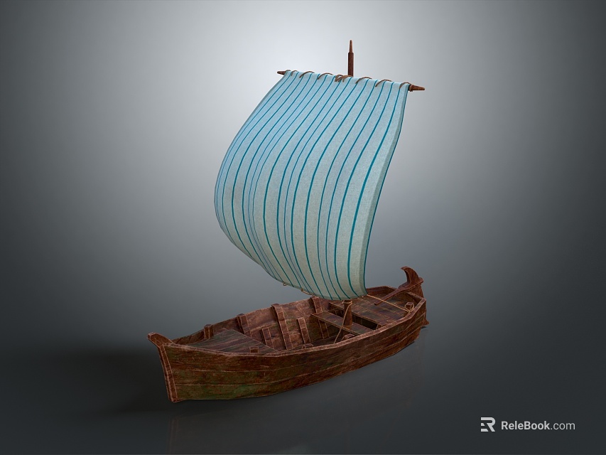 Classic Sailing Boat With Blue And White Striped Sail And Wooden Hull Design 3d model 
