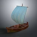 Classic Sailing Boat With Blue And White Striped Sail And Wooden Hull Design