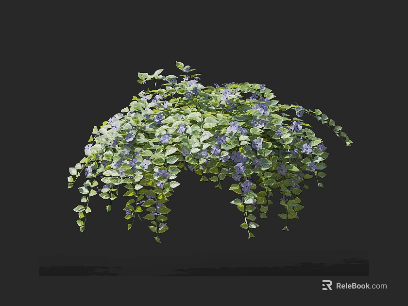 Decorative Potted Hanging Bush With Green Leaves And Purple Small Flowers 3d model 