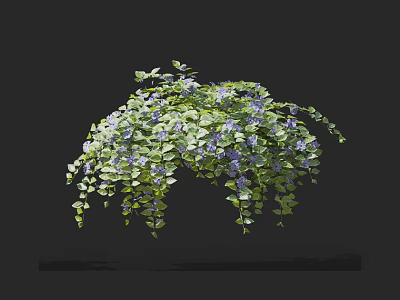 Decorative Potted Hanging Bush With Green Leaves And Purple Small Flowers 3d model