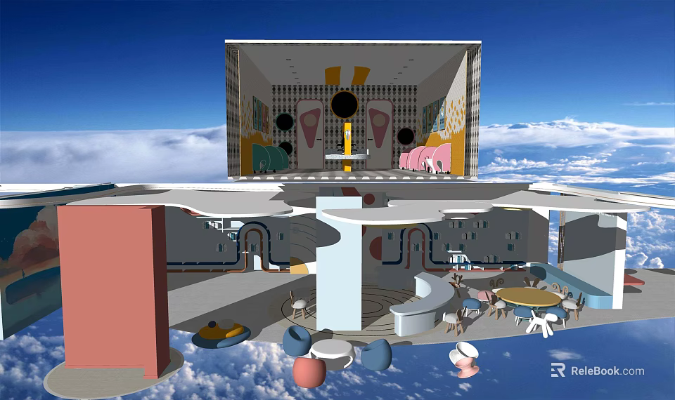 Modern Kindergarten Interior Design with Colorful Decorations Circular Elements Tables and Chairs and Cloud Background 3d model