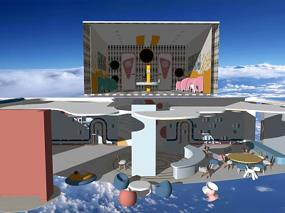Modern Kindergarten Interior Design with Colorful Decorations Circular Elements Tables and Chairs and Cloud Background 3d model
